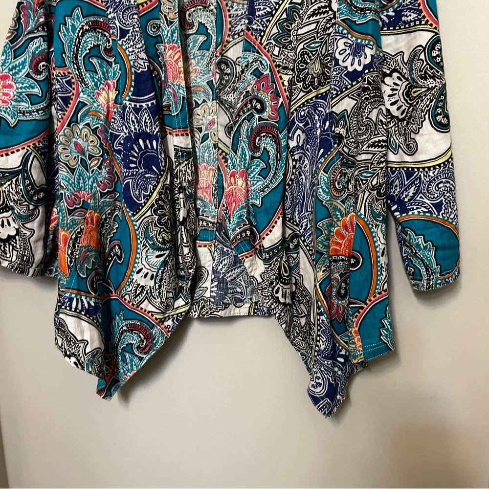 Chicos Linen Jacket Womens 1 US Blue Paisley Open‎ Front 3/4 Sleeves Lagenlook